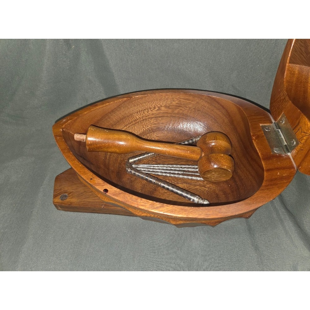 Vintage Hand Carved Wooden Walnut Shaped Nut Bowl with Mallet and Picks - Picture 3 of 9